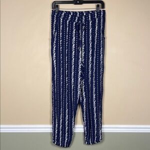 Angie Women’s Boho Floral Print Navy Blue White Drawstring Pull On Pants